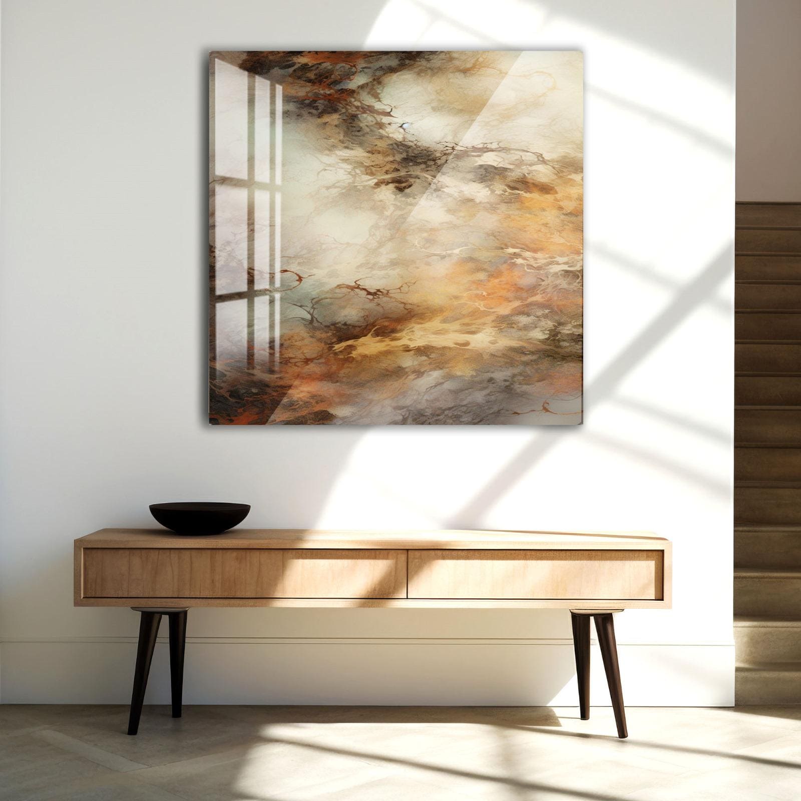 a modern interior design with a wooden console table and a large abstract painting hanging on the wall above it.