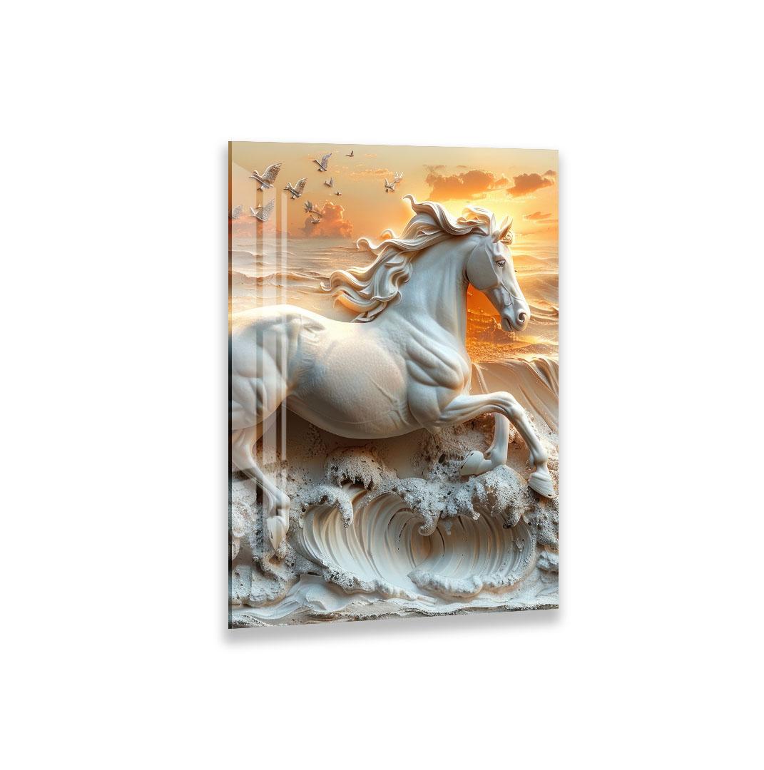 a white horse galloping on a wave, with birds flying around it.