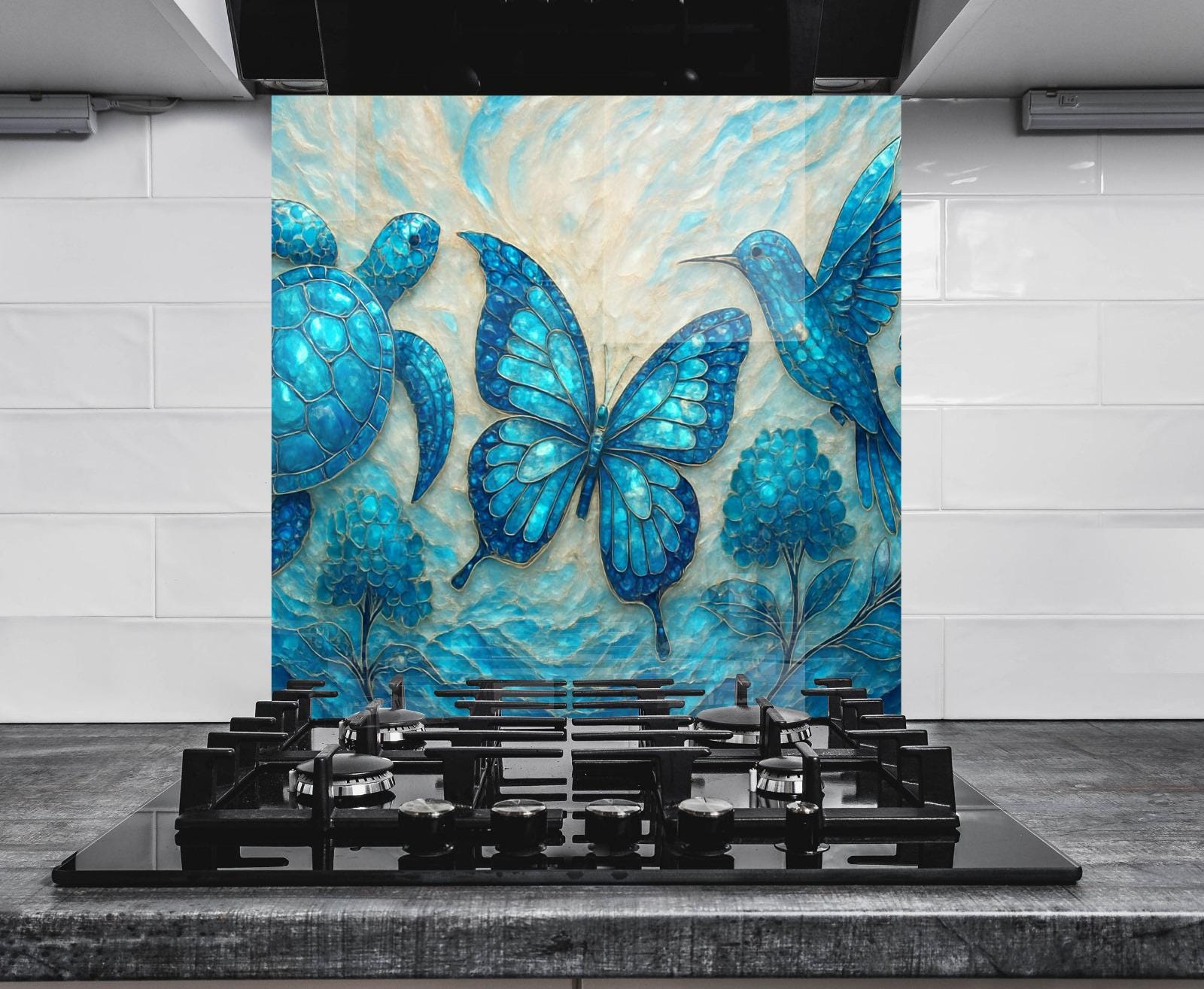 a painting of blue butterflies on a white background