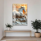 a large, detailed sculpture of a horse in mid-gallop, with a wave-like background, mounted on a wall above a wooden bench.