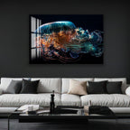 a large, colorful jellyfish with long tentacles, displayed on a wall above a white couch in a living room setting.