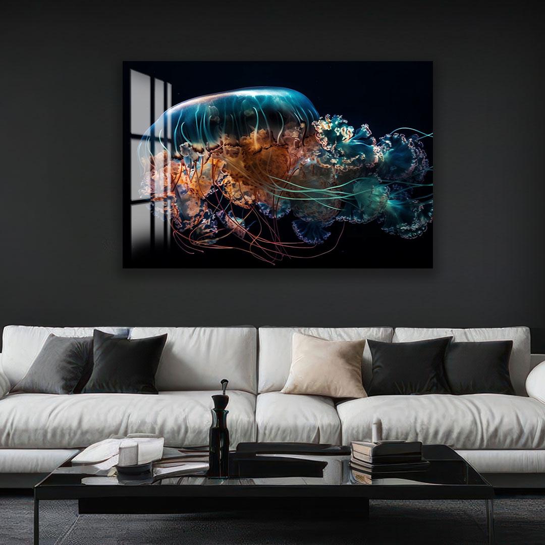 a large, colorful jellyfish with long tentacles, displayed on a wall above a white couch in a living room setting.