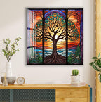 a large, colorful stained glass window depicting a tree with a vibrant, sun-like design in the center. The window is divided into three panels, each showcasing different elements of the tree and its surroundings. The window is mounted on a wall above a wooden dresser, which also holds a clock, a vase with flowers, and a stack of books.