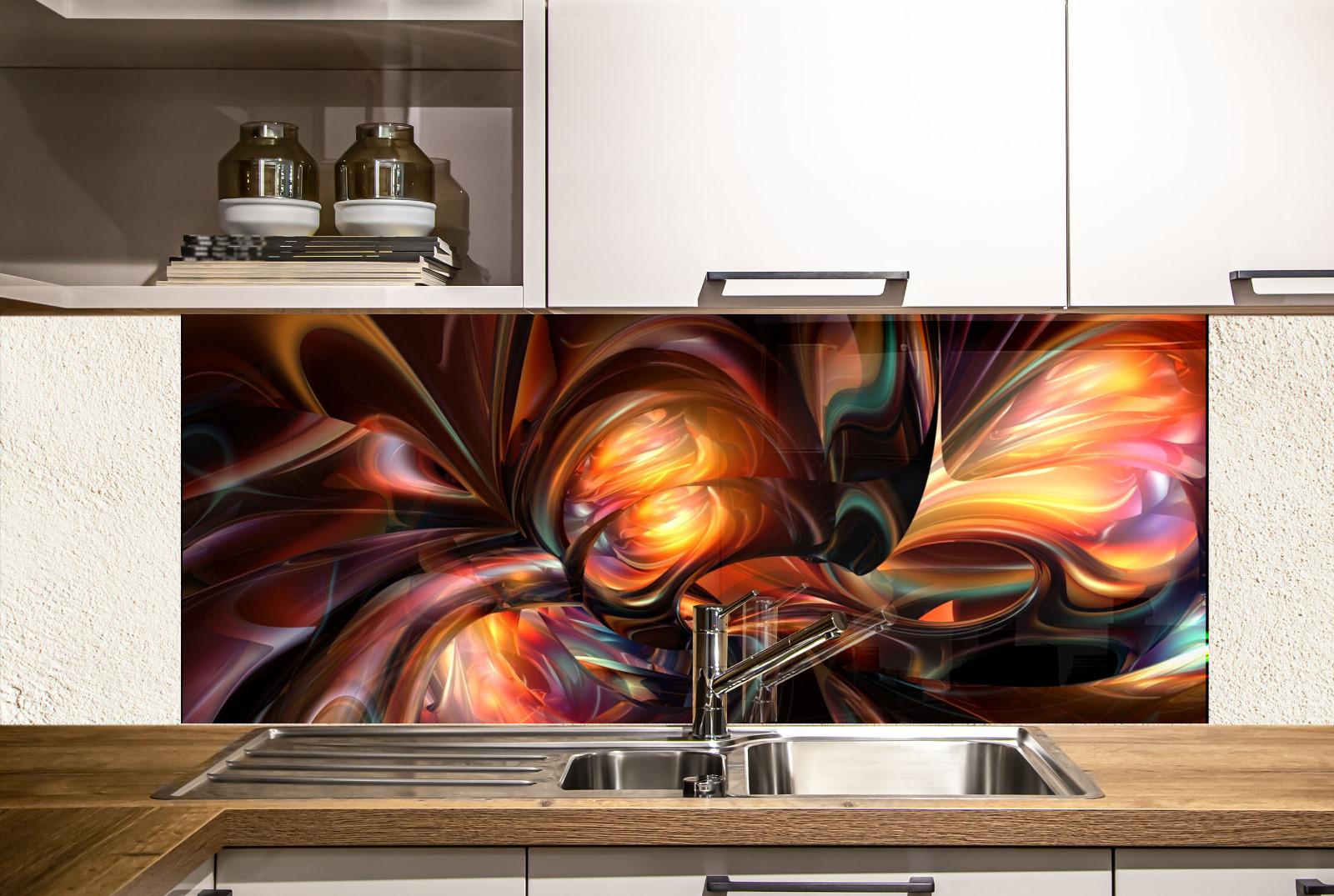 a kitchen with a large, colorful abstract painting on the wall behind the sink. The painting has vibrant orange, red, and yellow colors, creating a dynamic and eye-catching display. The kitchen has white cabinets and a wooden countertop, providing a clean and modern aesthetic.