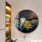 a large, detailed, and realistic eagle head in a bathroom setting, with a mirror and shelves visible in the background.
