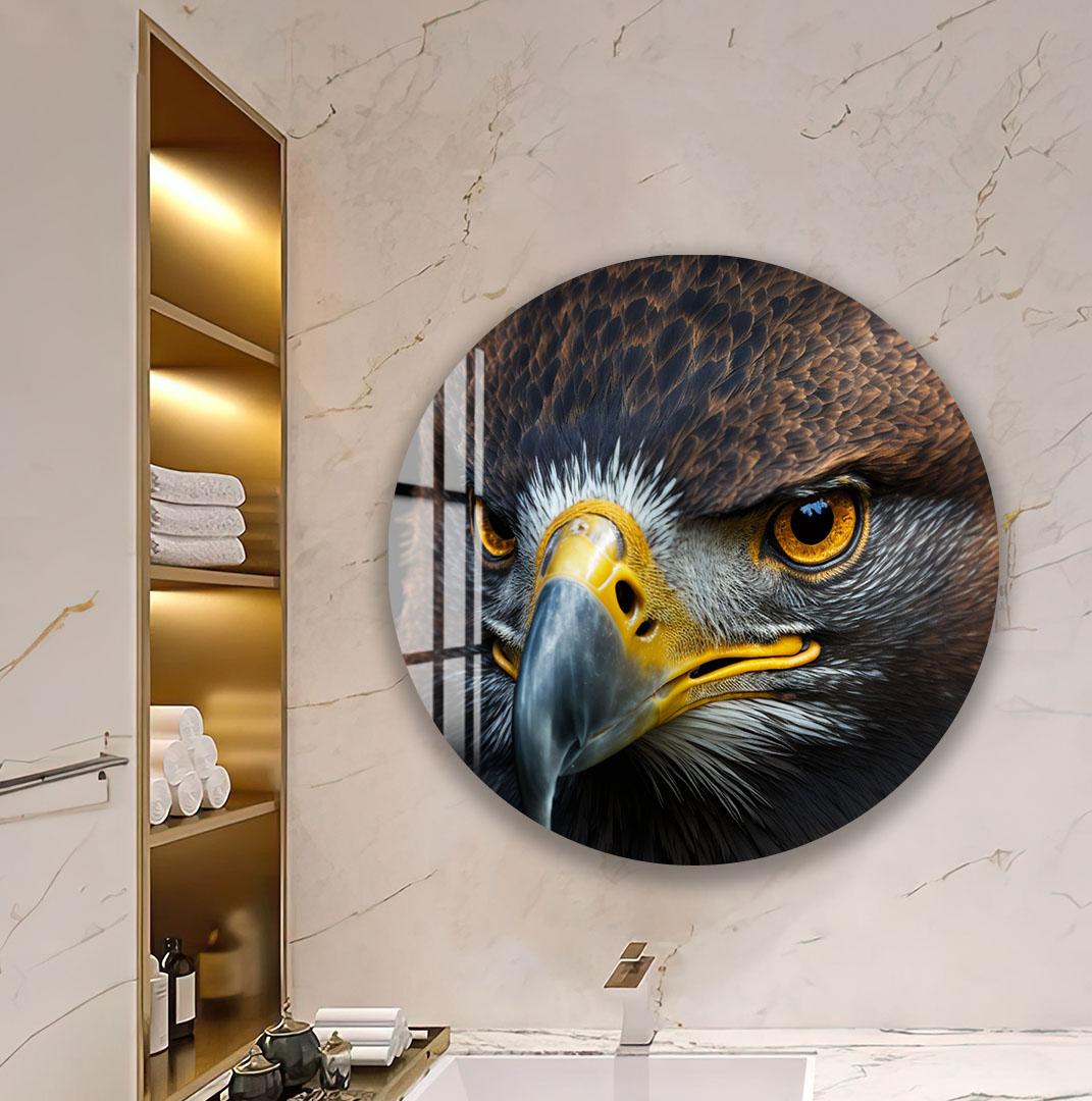 a large, detailed, and realistic eagle head in a bathroom setting, with a mirror and shelves visible in the background.