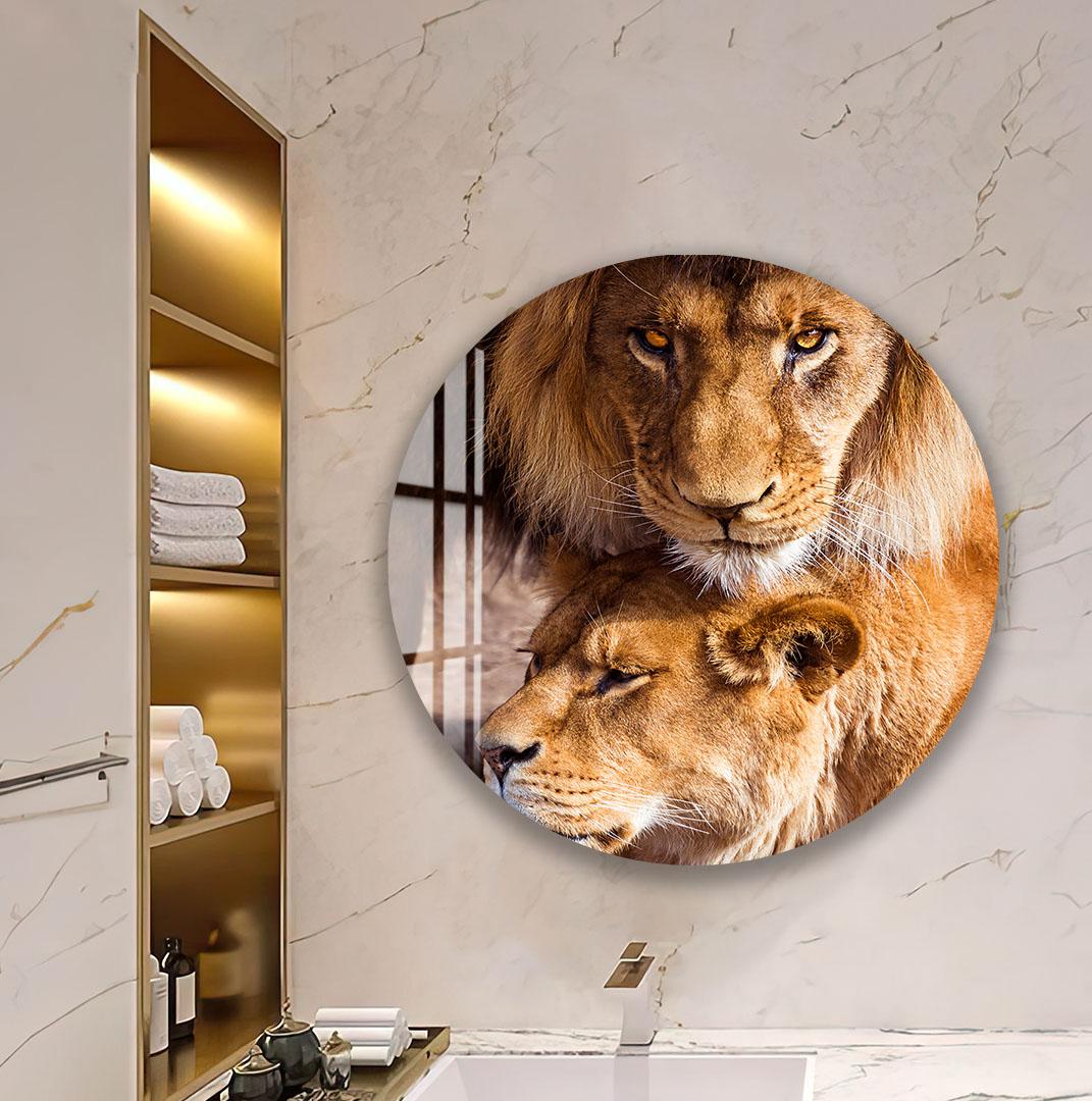 a large circular wall art depicting a white horse with gold accents, surrounded by splashes of color.