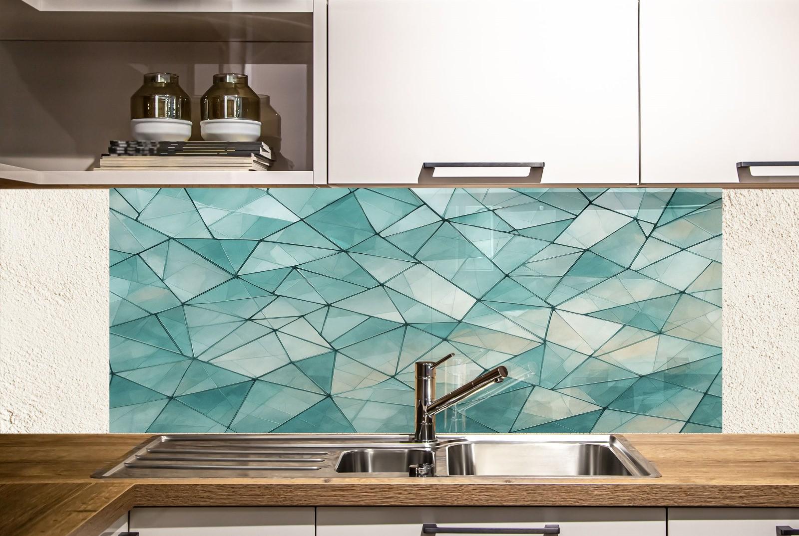 a kitchen with a sink, cabinets and a mosaic tile backsplash