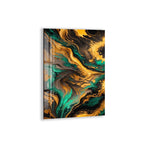 The image is a vibrant abstract painting with swirling patterns of green, black, and gold colors.