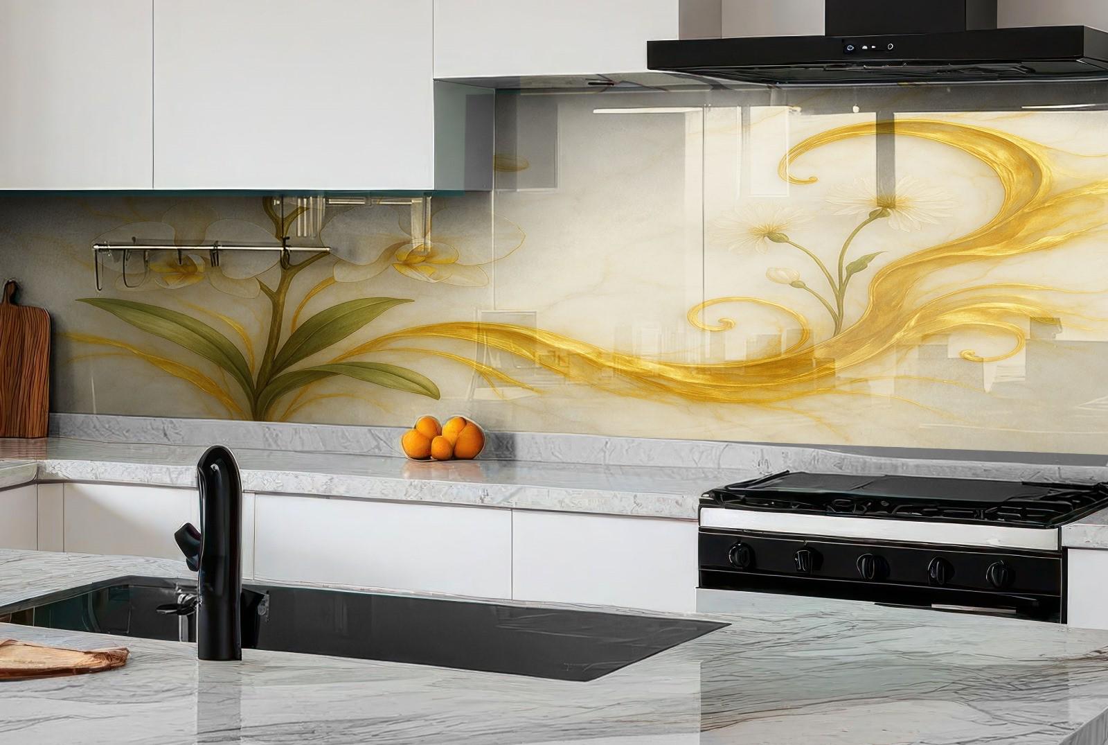 a kitchen with marble counter tops and white cabinets