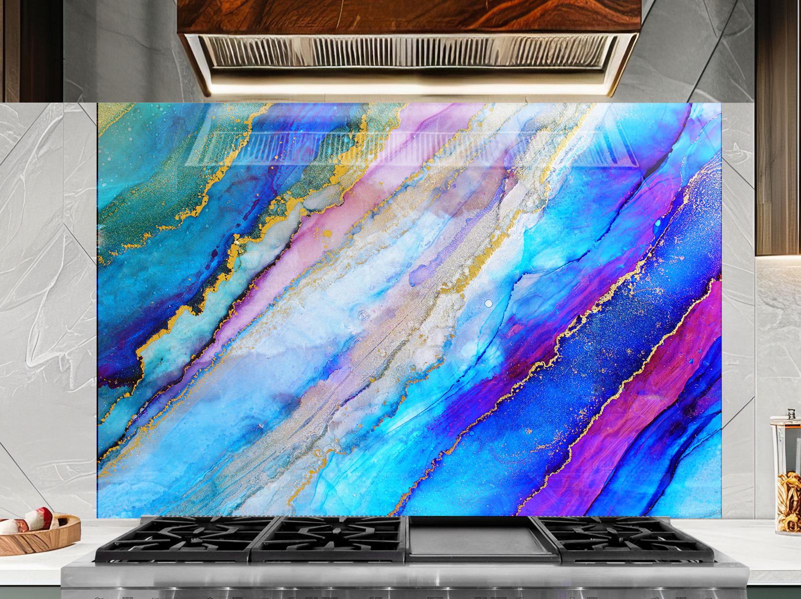 a vibrant, abstract marble-like pattern with blue, purple, and pink hues, creating a visually striking and colorful backdrop. The pattern is displayed on a wall or surface, likely in a kitchen or dining area, with a stove and other kitchen appliances visible in the foreground.