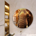 a large, detailed photograph of an elephant's face, which is prominently displayed on the wall in a bathroom setting.