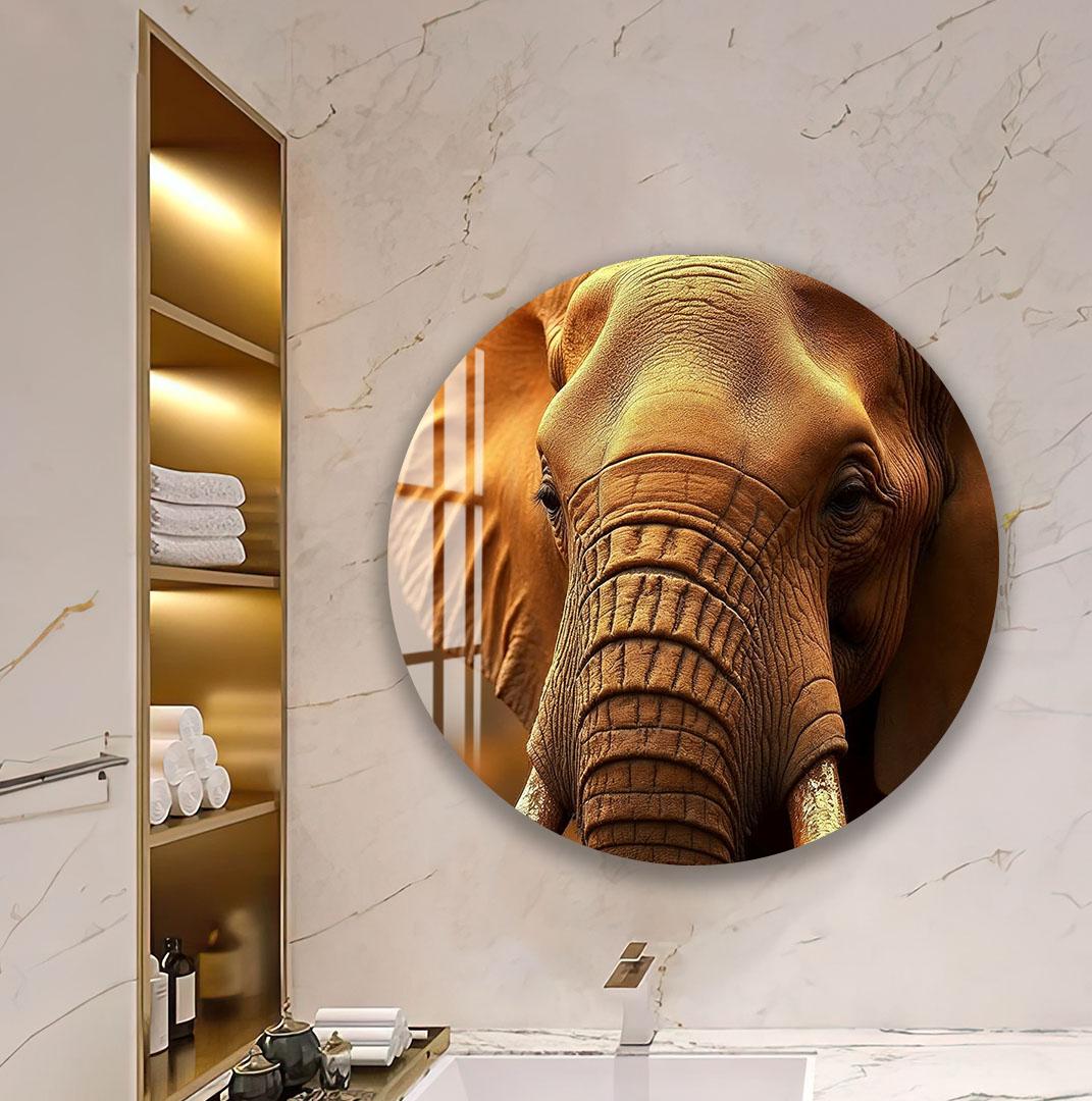 a large, detailed photograph of an elephant's face, which is prominently displayed on the wall in a bathroom setting.