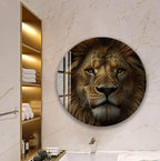 a large, round, and glossy wall decal depicting a close-up of a lion's face.