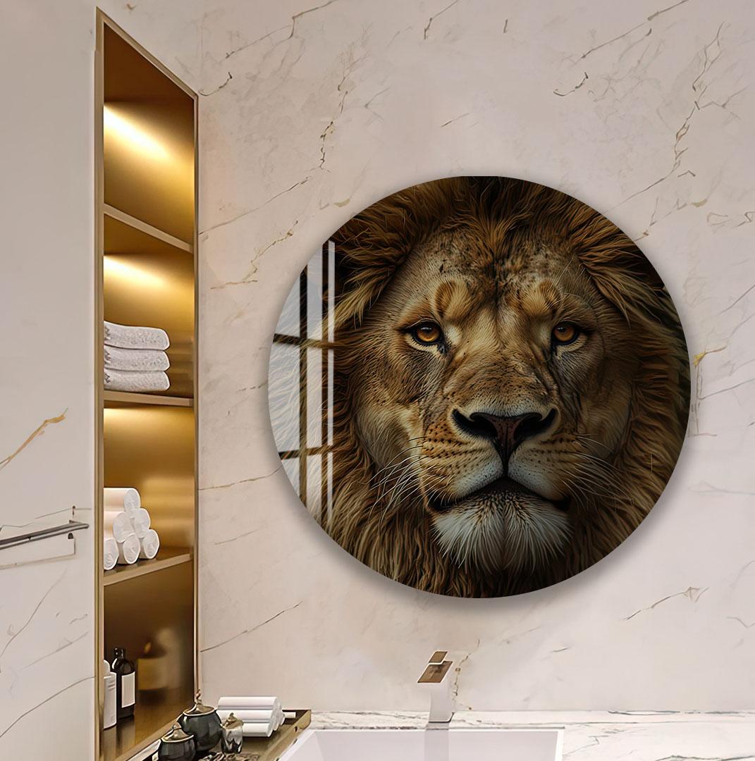 a large, round, and glossy wall decal depicting a close-up of a lion's face.