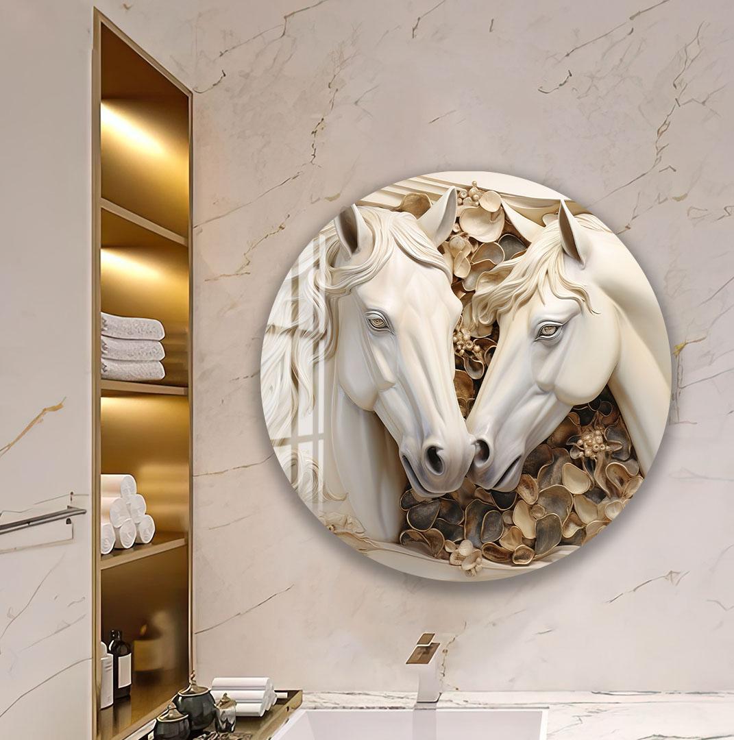 a large circular wall art depicting two white horses with a floral design, mounted on a marble wall.