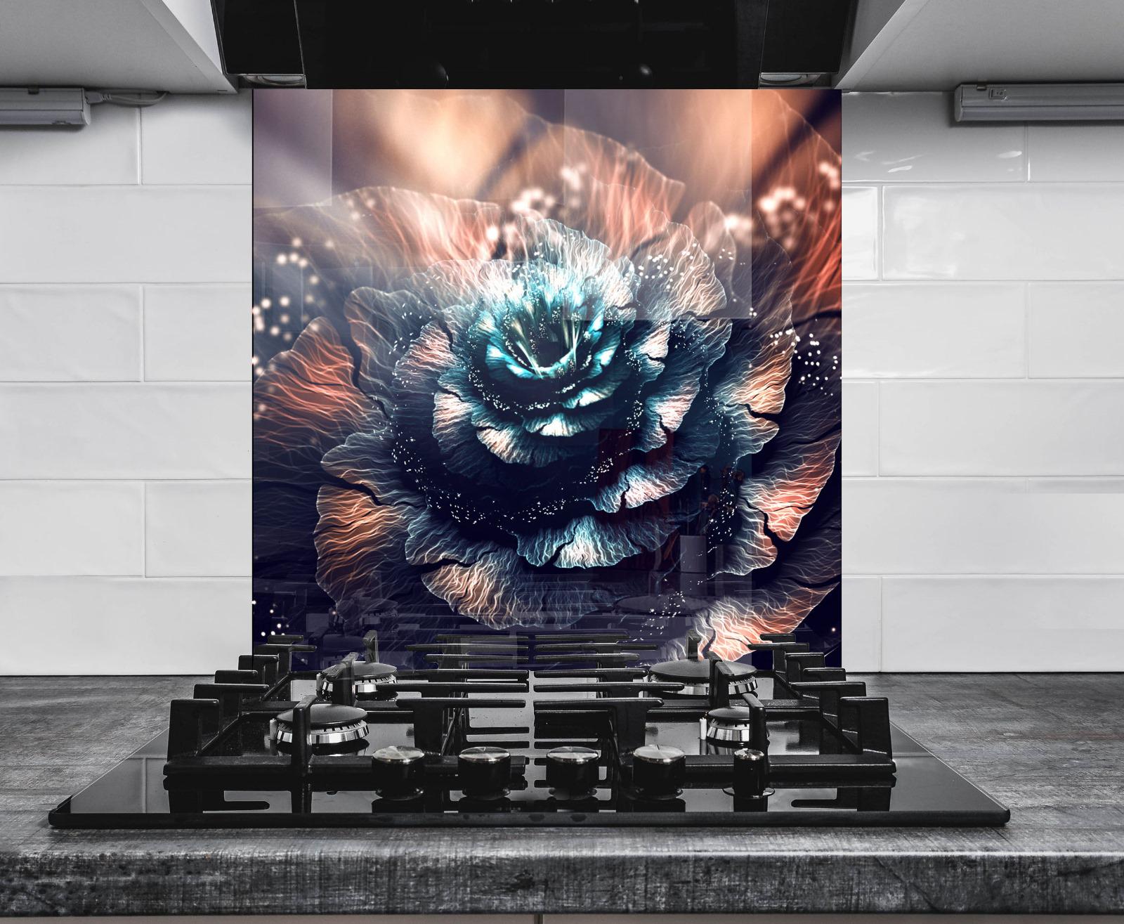 a large, colorful, and intricate floral design on a wall behind a gas stove.