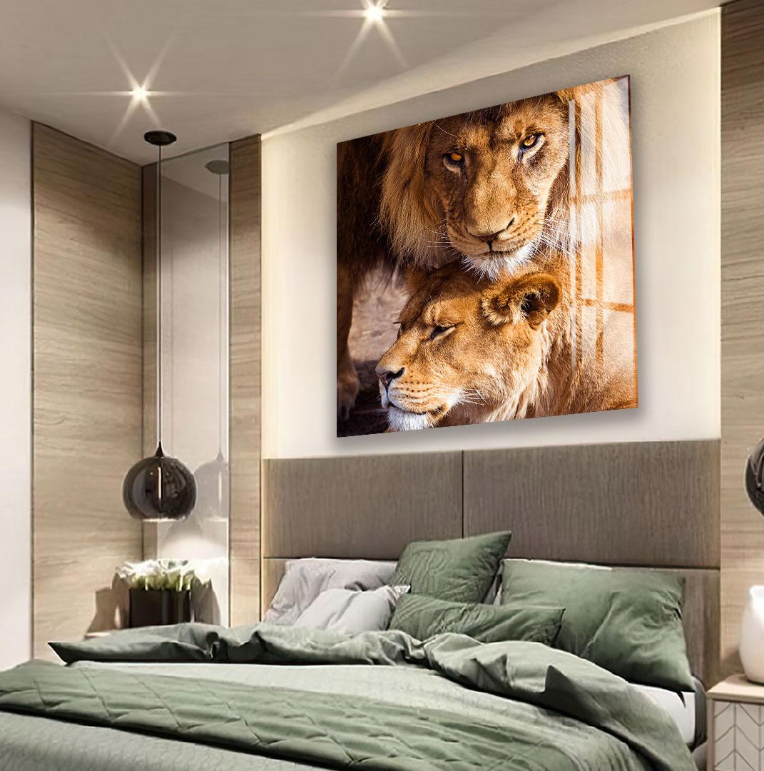 a large, framed photograph of two lions on the wall above a bed in a modern bedroom.
