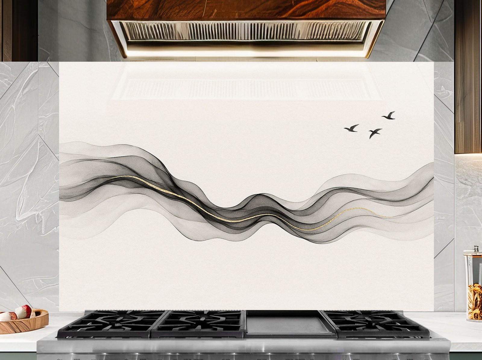 a stove top with a painting on the back of it