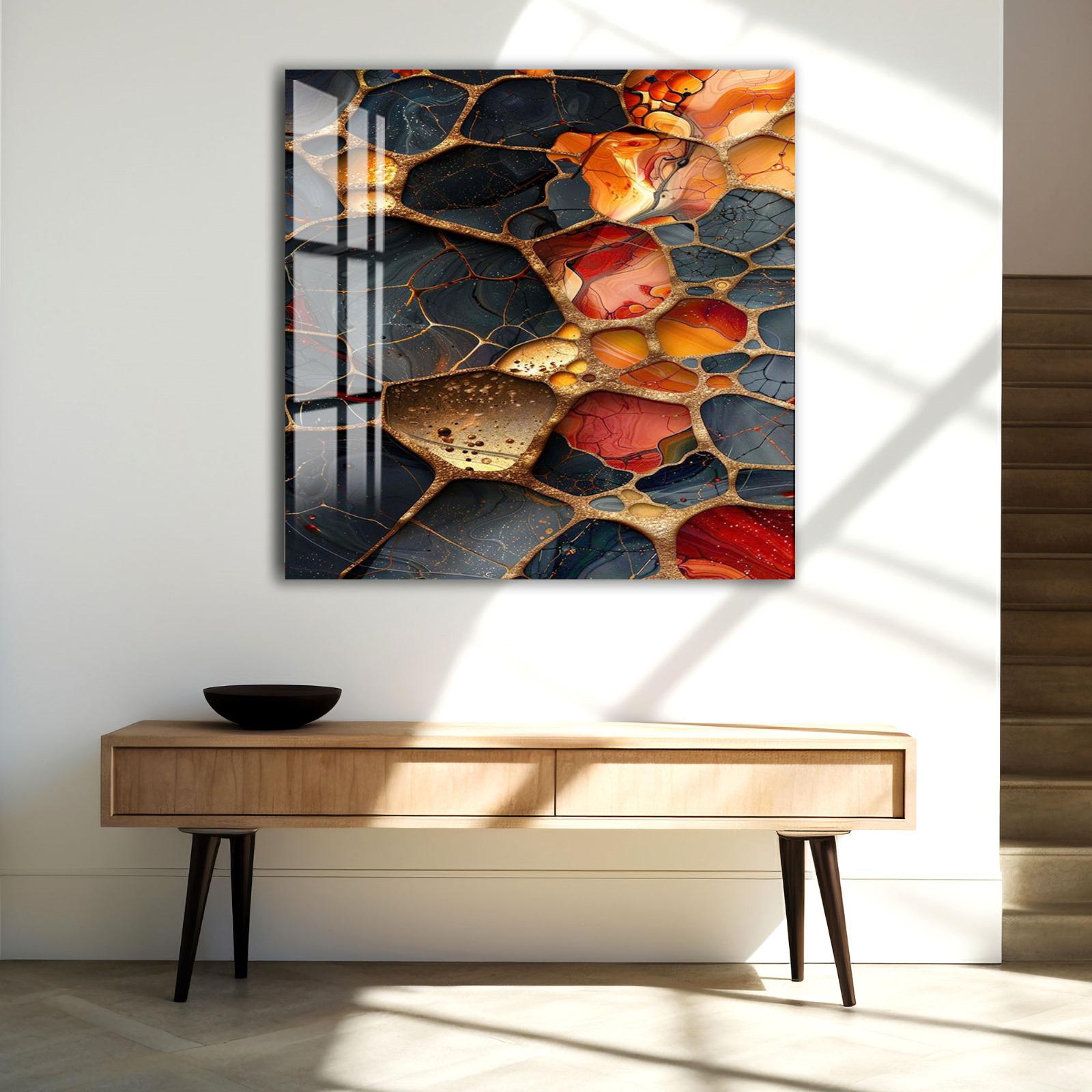 a vibrant abstract painting hanging on a white wall above a wooden console table.