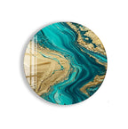 a vibrant abstract painting with swirling patterns of blue and gold colors.