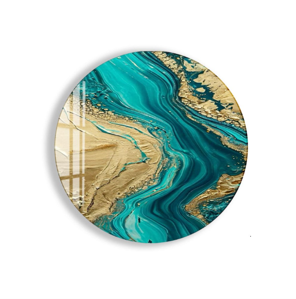 a vibrant abstract painting with swirling patterns of blue and gold colors.