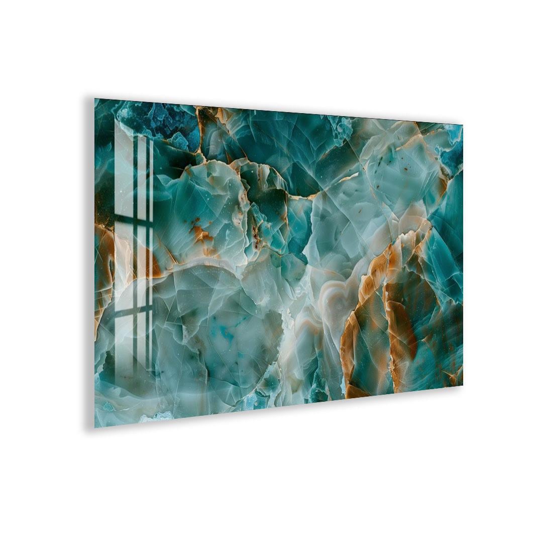 The image is a vibrant abstract art piece with a striking pattern of blue, orange, and green colors. The colors are layered and intermingled, creating a sense of depth and movement. The overall composition is visually captivating and evokes a sense of energy and dynamism.