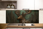 a painting of a deer is on the wall of a kitchen