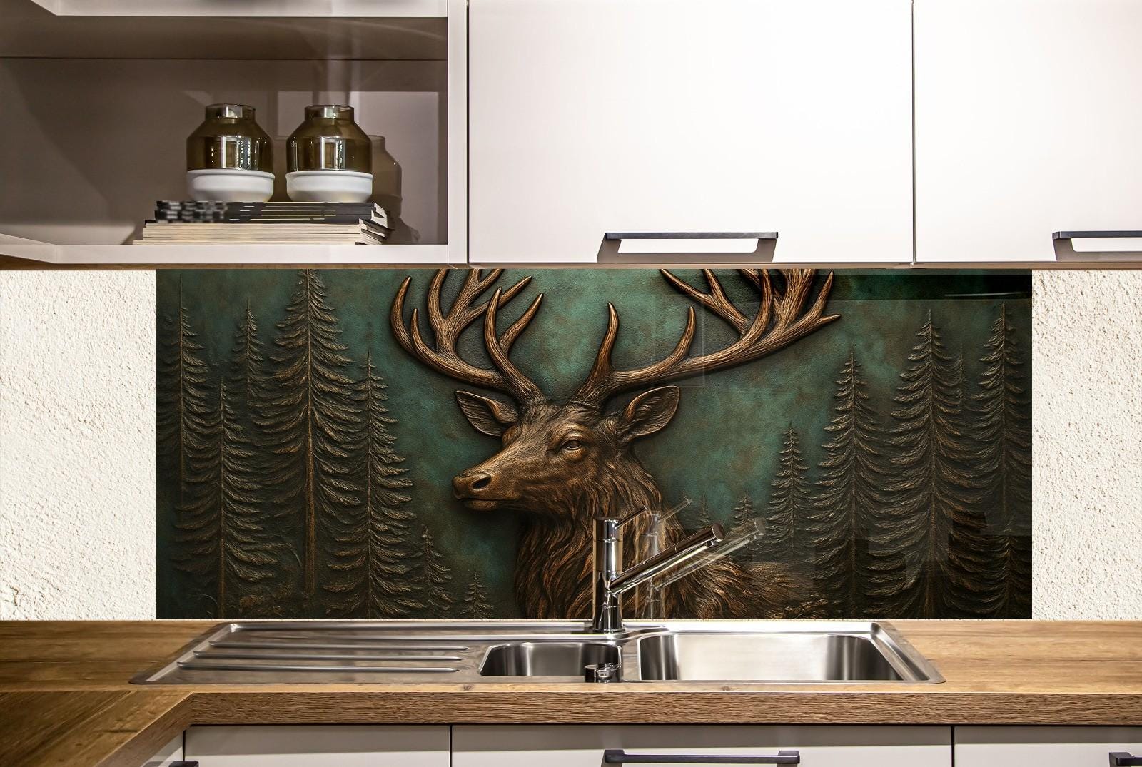 a painting of a deer is on the wall of a kitchen