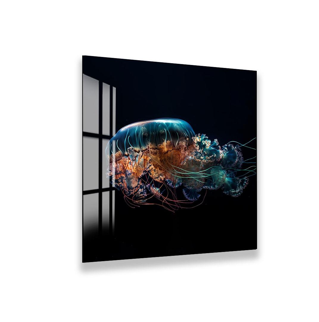 a jellyfish with a blue and orange color scheme, floating in the dark.