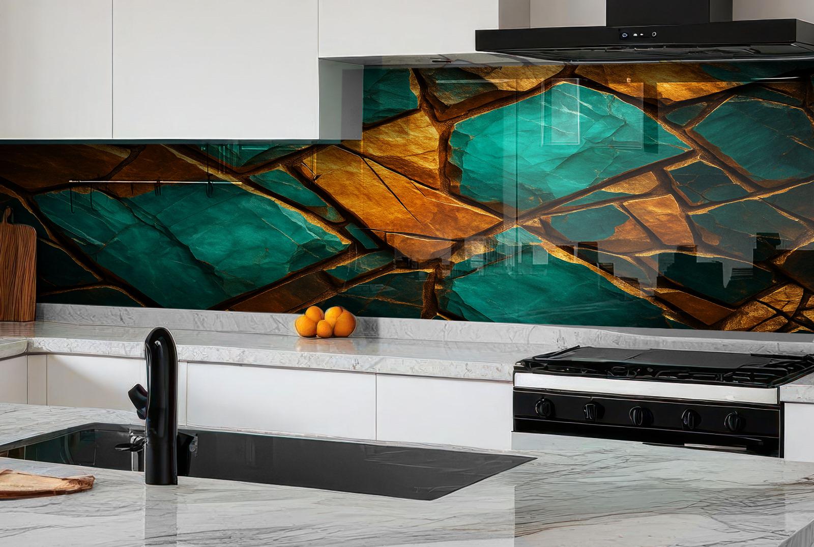 a kitchen with marble counter tops and a glass backsplash