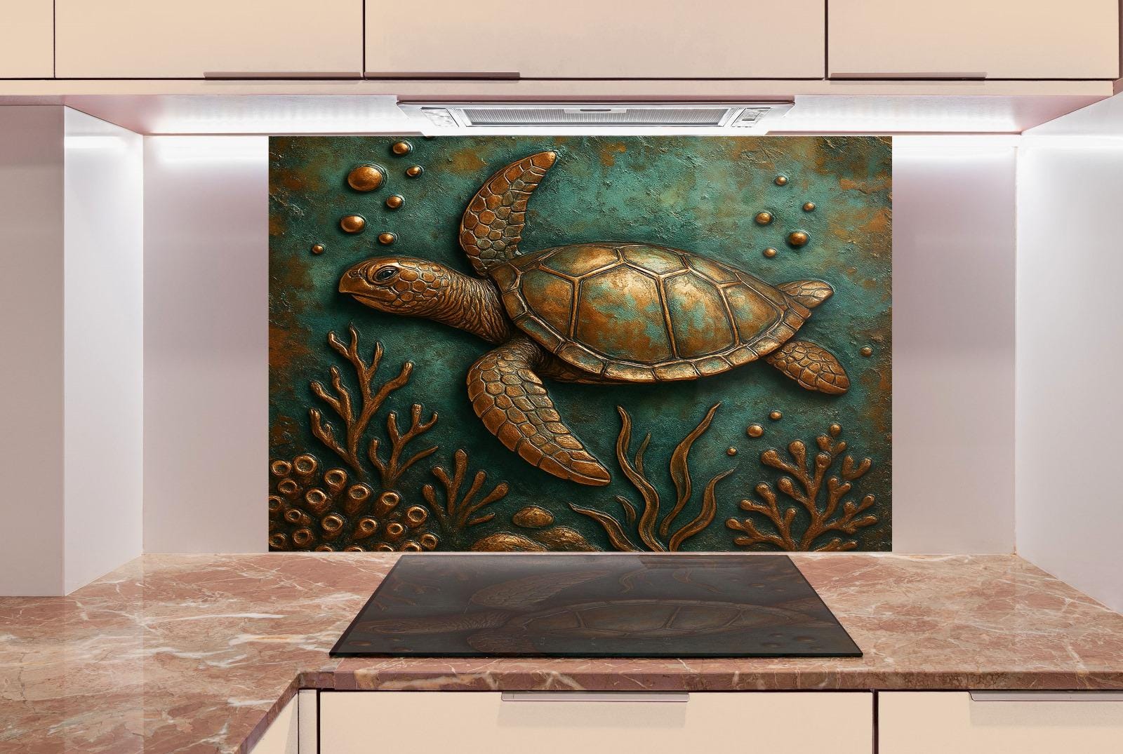 a painting of a turtle swimming in the ocean