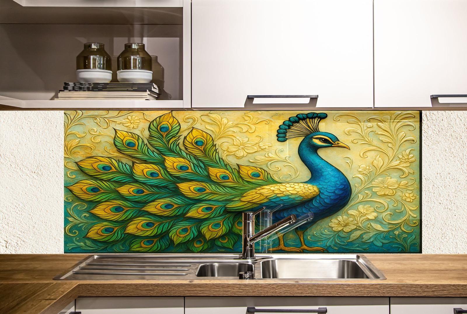 a painting of a peacock on a kitchen wall