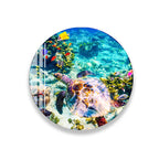 A colorful underwater scene featuring a large sea turtle swimming among vibrant coral and marine life.