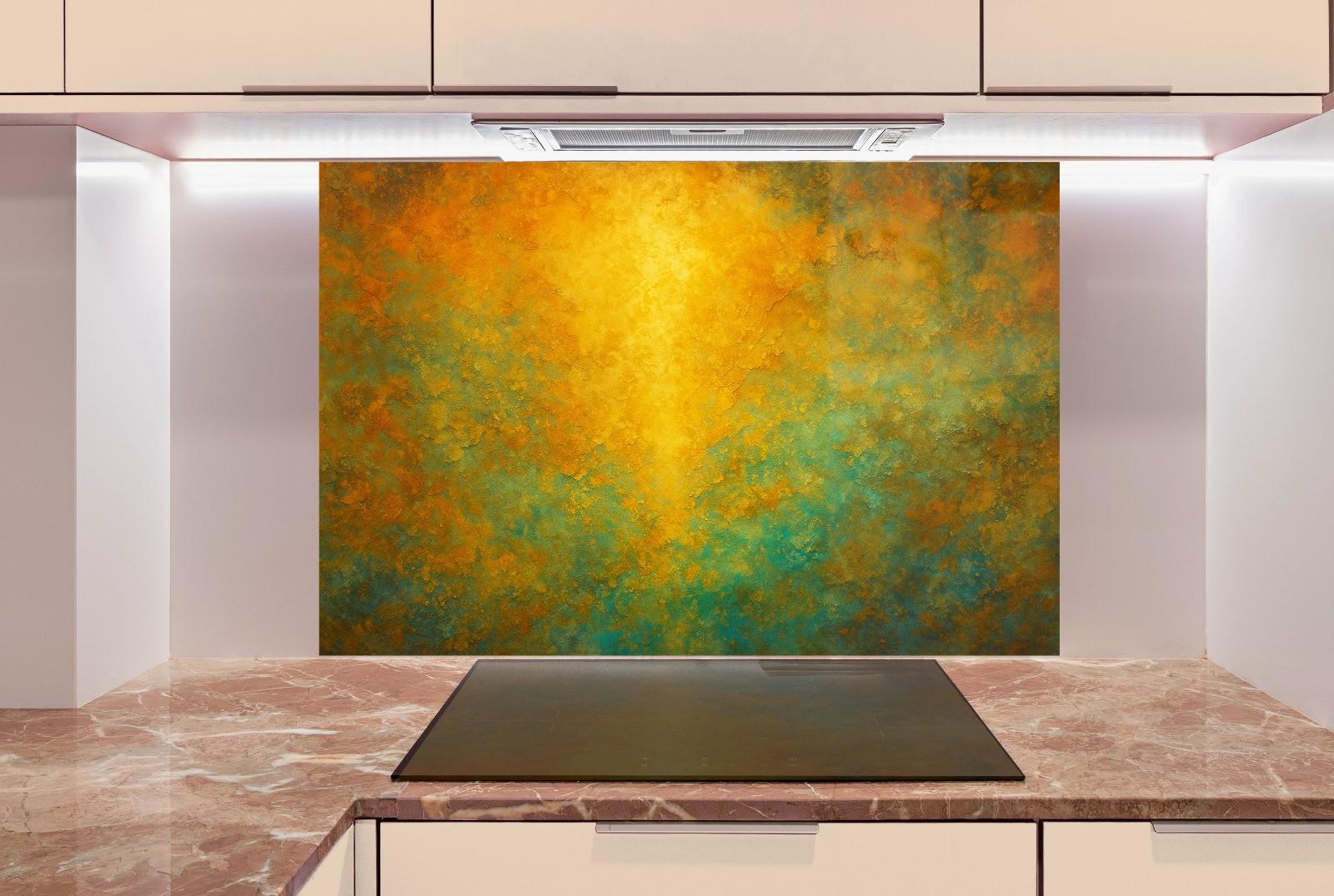 Abstract Art Tempered Glass Backsplash, Gold Black Swirl (Custom Size)