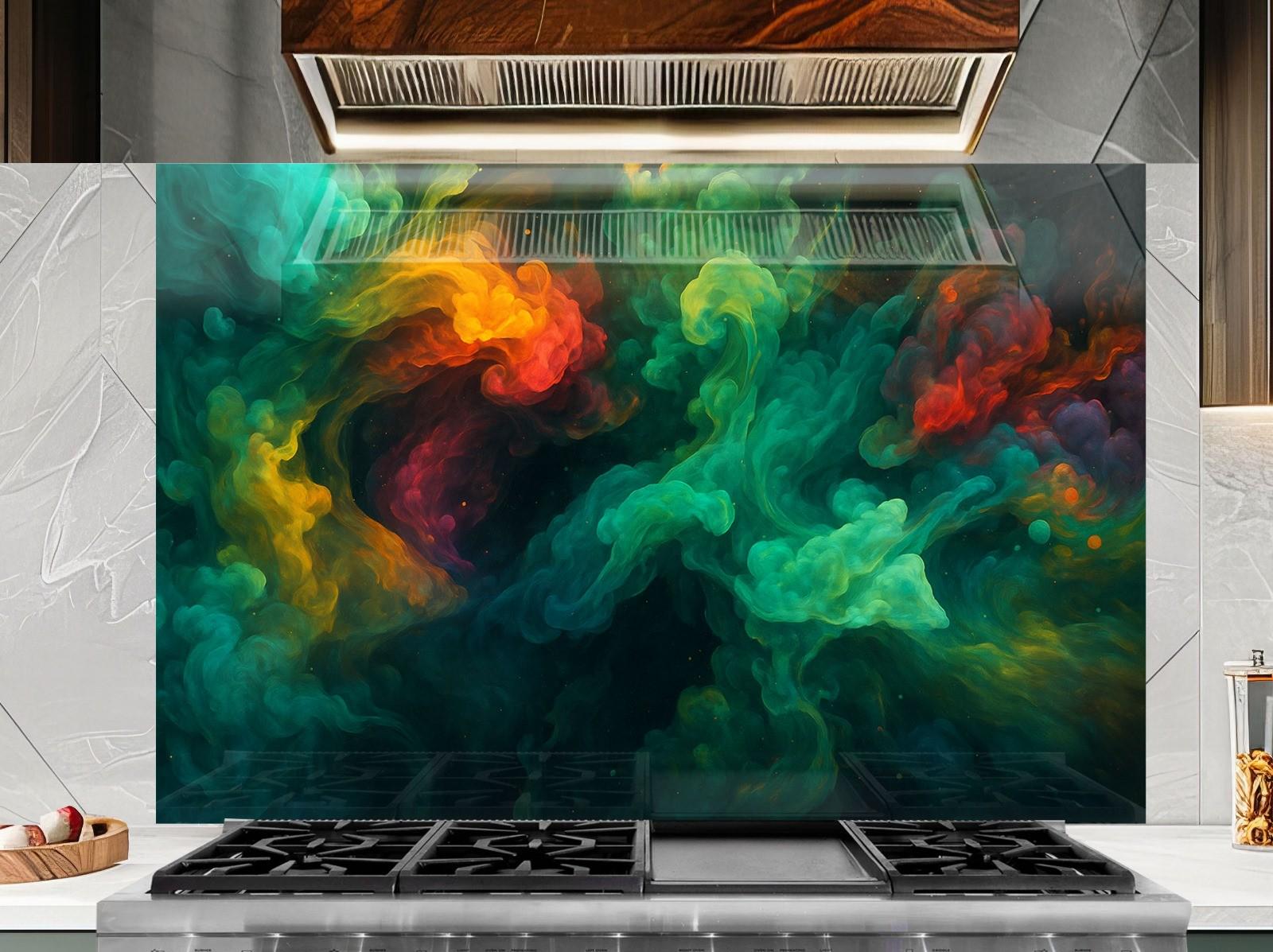 a stove top with a painting on the back of it