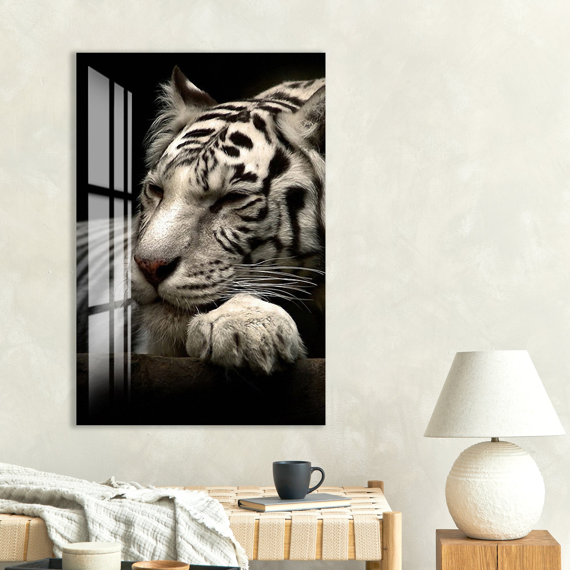 White Tiger Glass Wall Art – Elegant Wildlife Animal Print for Modern Interiors
