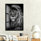Majestic Lion Glass Wall Art – Powerful Black and White Animal Portrait