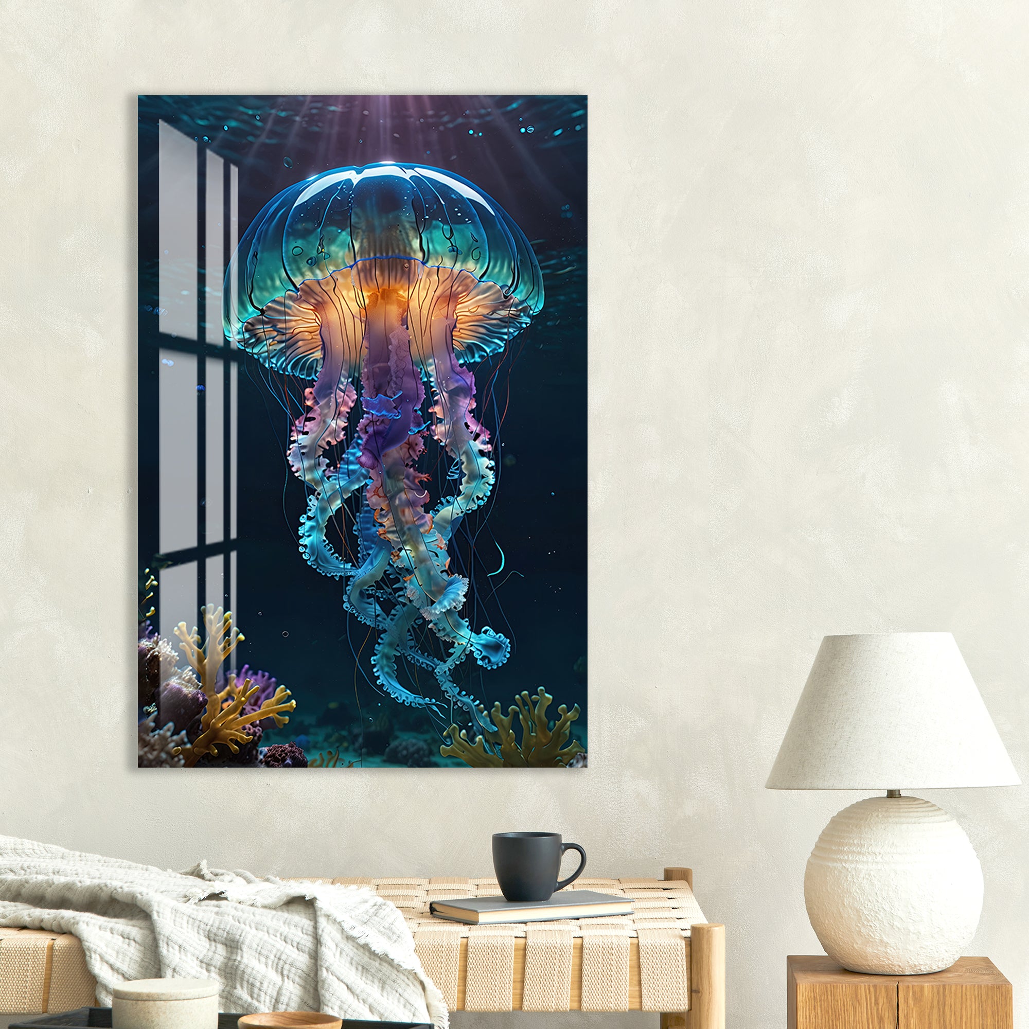 Glowing Jellyfish Glass Wall Art – Elegant Ocean-Inspired Animal Decor