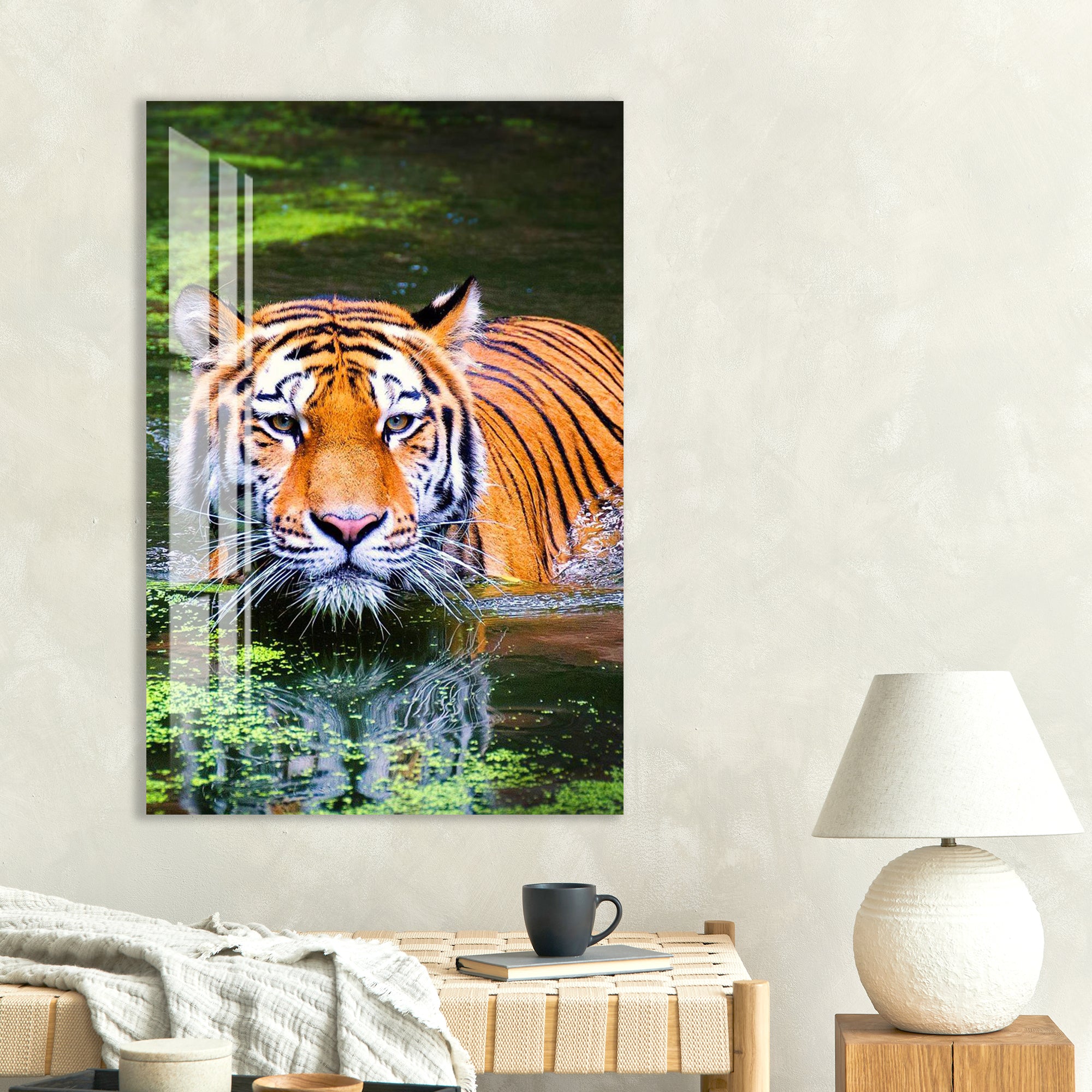 Tiger in Water Glass Wall Art – Powerful Wildlife Animal Print for Modern Decor