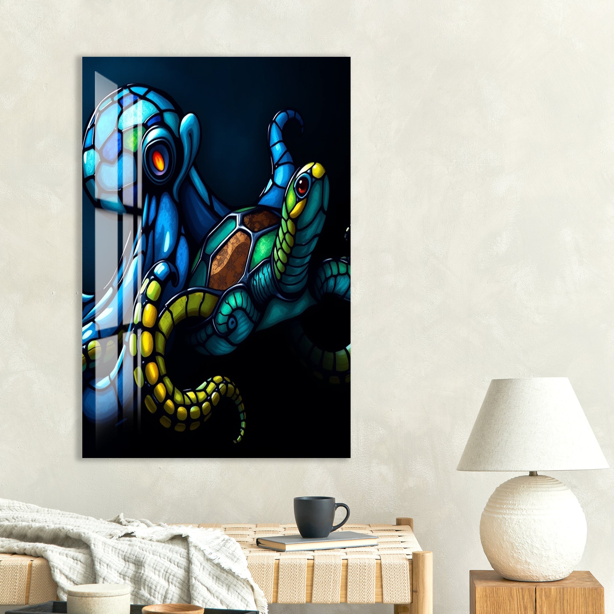 Octopus and Turtle Glass Wall Art – Vibrant Ocean-Inspired Animal Design