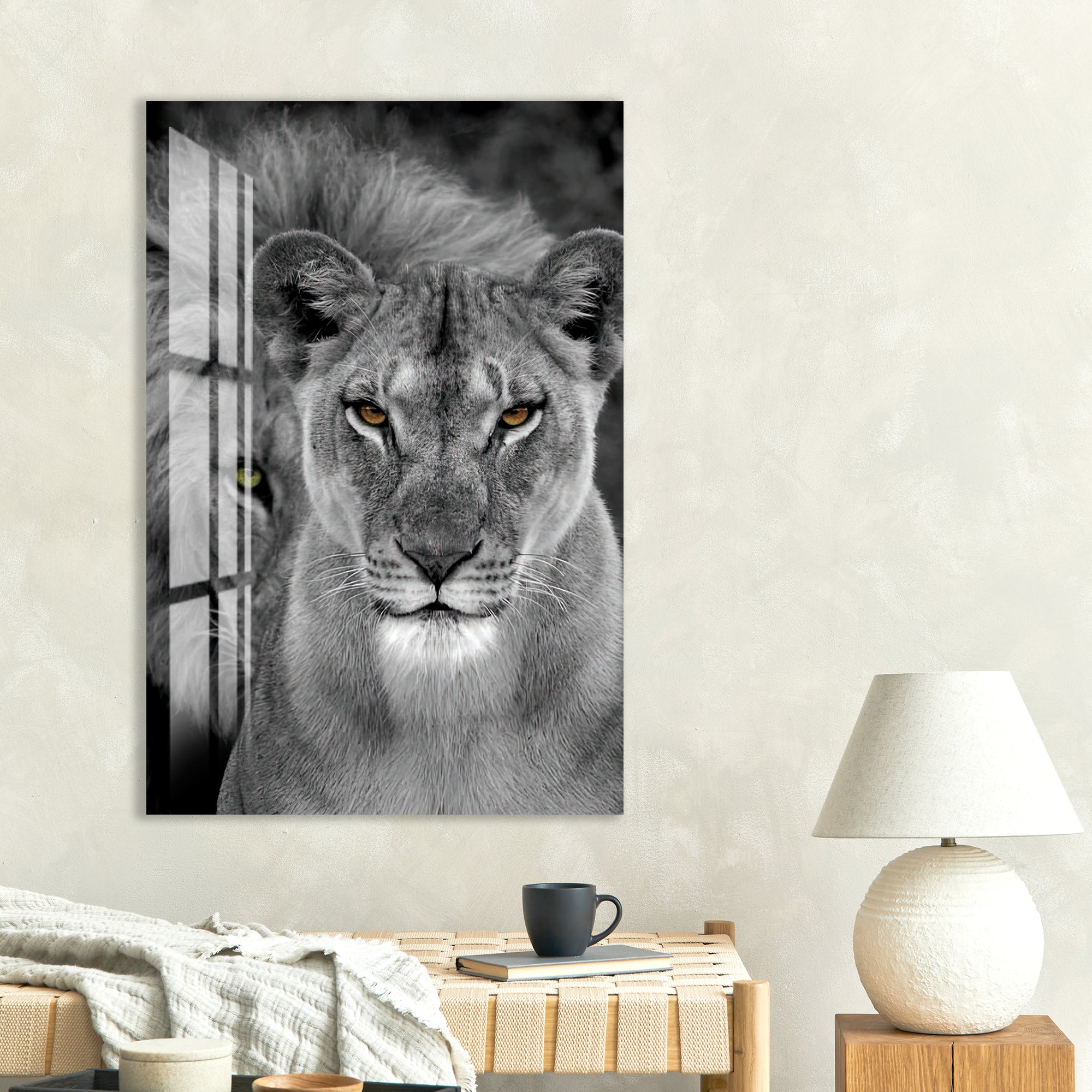 Majestic Lion and Lioness Glass Wall Art – Powerful Animal Decor for Modern Interiors