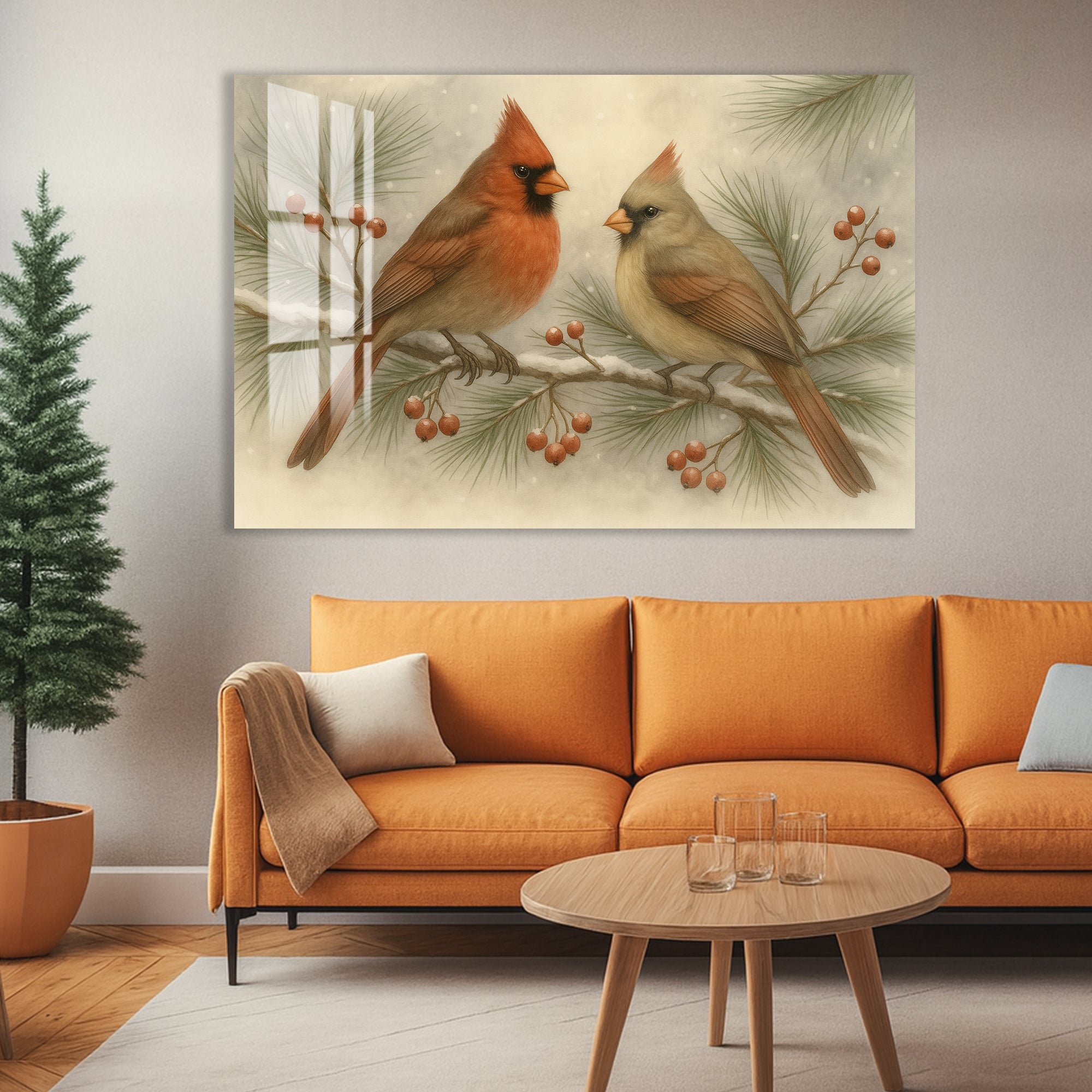 Cardinal Birds Glass Wall Art – Elegant Nature-Inspired Home Decor