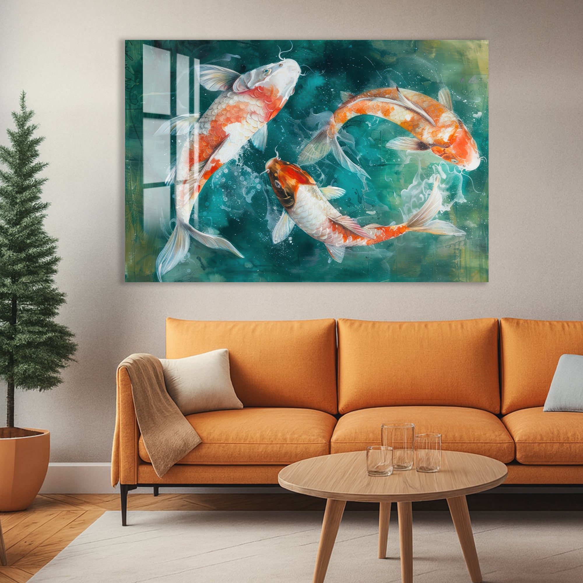 Elegant Koi Fish Glass Wall Art – Modern Japanese Inspired Animal Decor