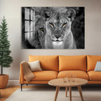 Majestic Lion and Lioness Glass Wall Art – Powerful Animal Decor for Modern Interiors