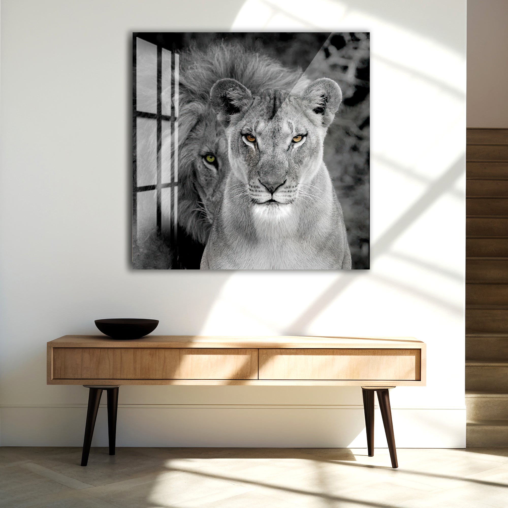 Majestic Lion and Lioness Glass Wall Art – Powerful Animal Decor for Modern Interiors