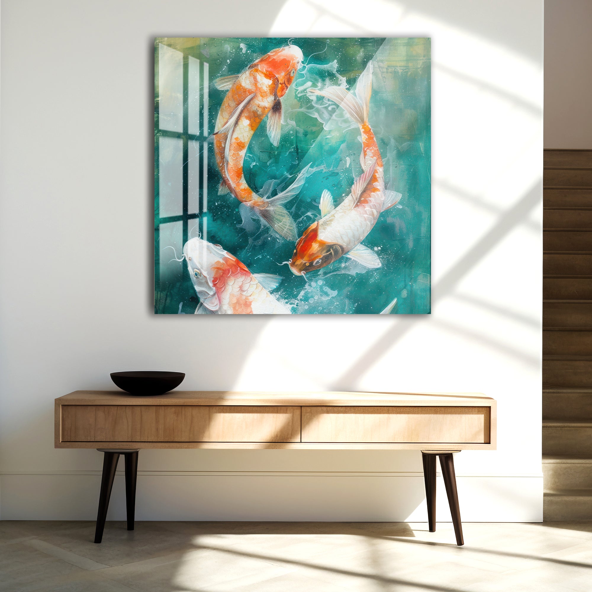 Elegant Koi Fish Glass Wall Art – Modern Japanese Inspired Animal Decor