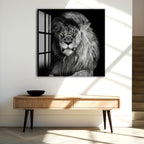 Majestic Lion Glass Wall Art – Powerful Black and White Animal Portrait