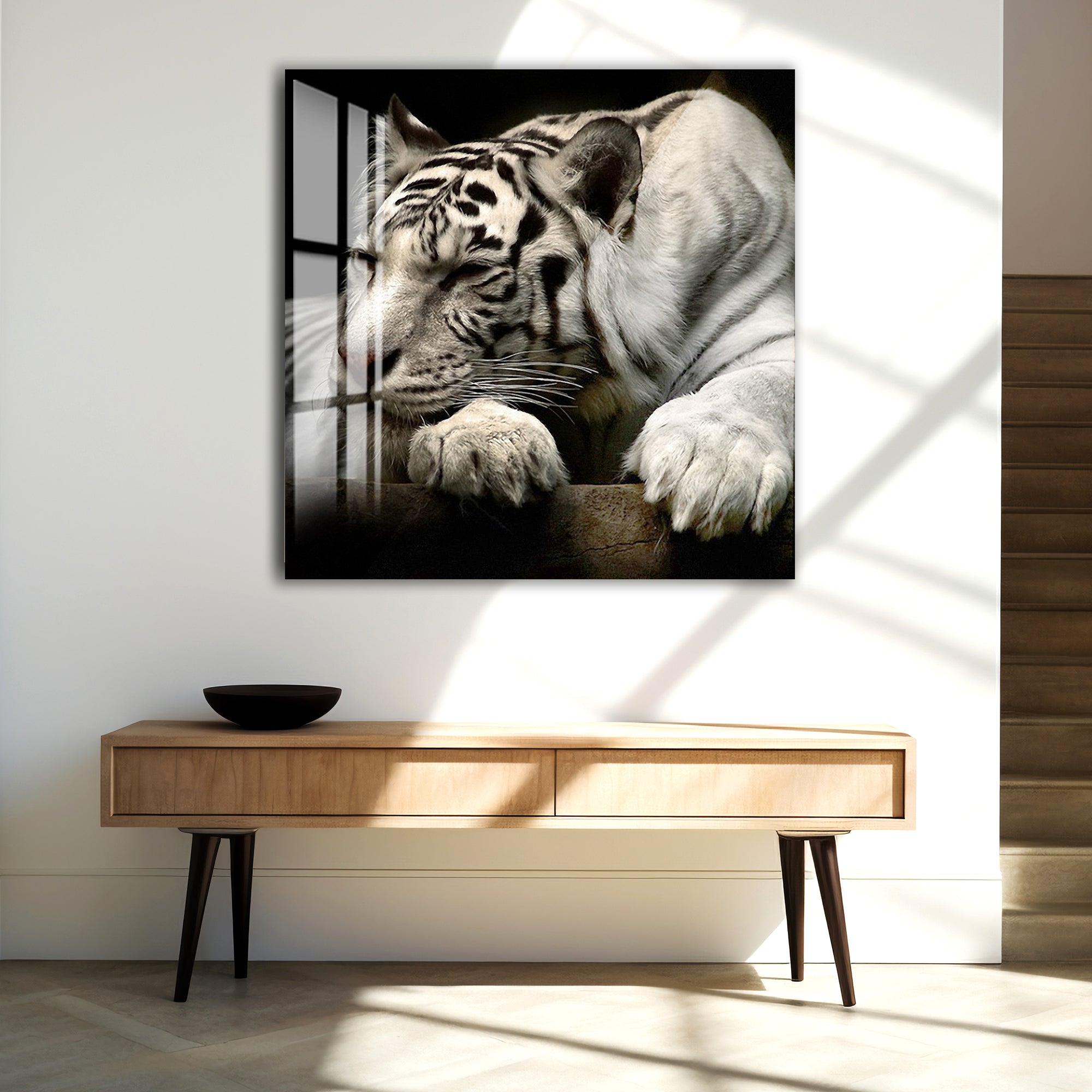 White Tiger Glass Wall Art – Elegant Wildlife Animal Print for Modern Interiors