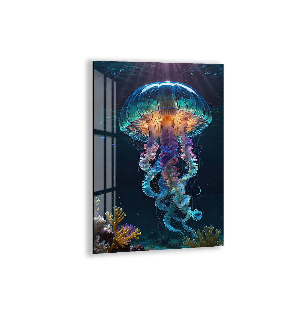 Glowing Jellyfish Glass Wall Art – Elegant Ocean-Inspired Animal Decor